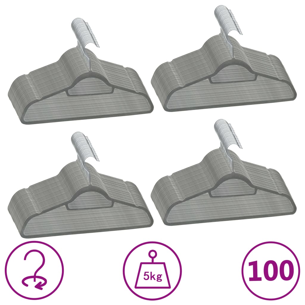 100 pcs Clothes Hanger Set Anti-slip Grey Velvet