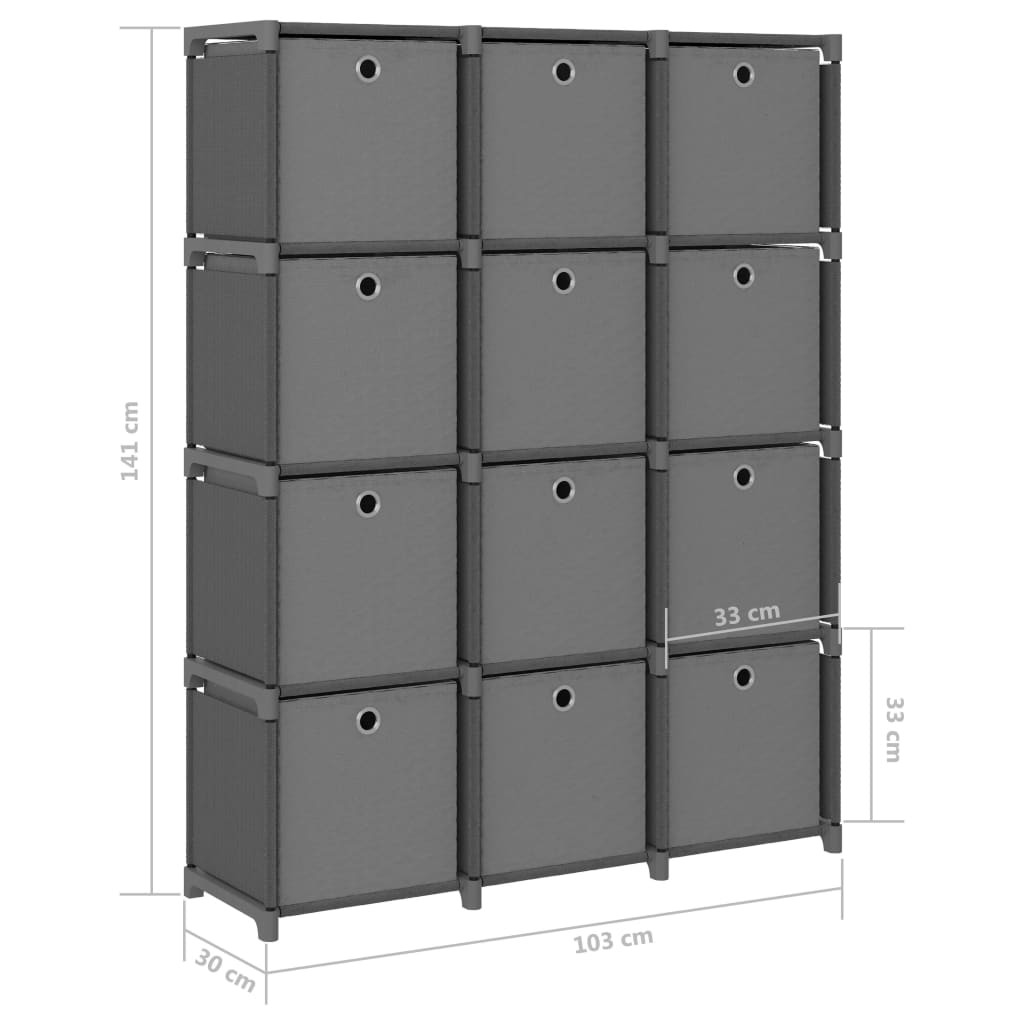 12-Cube Display Shelf with Boxes Grey 103x30x141 cm Fabric