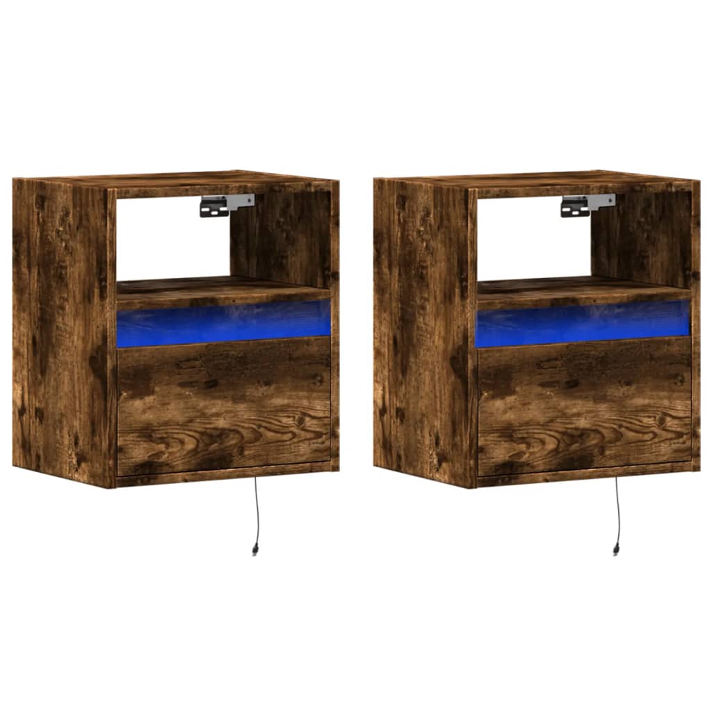 Wall-mounted Bedside Cabinets with LED Lights 2 pcs Smoked Oak